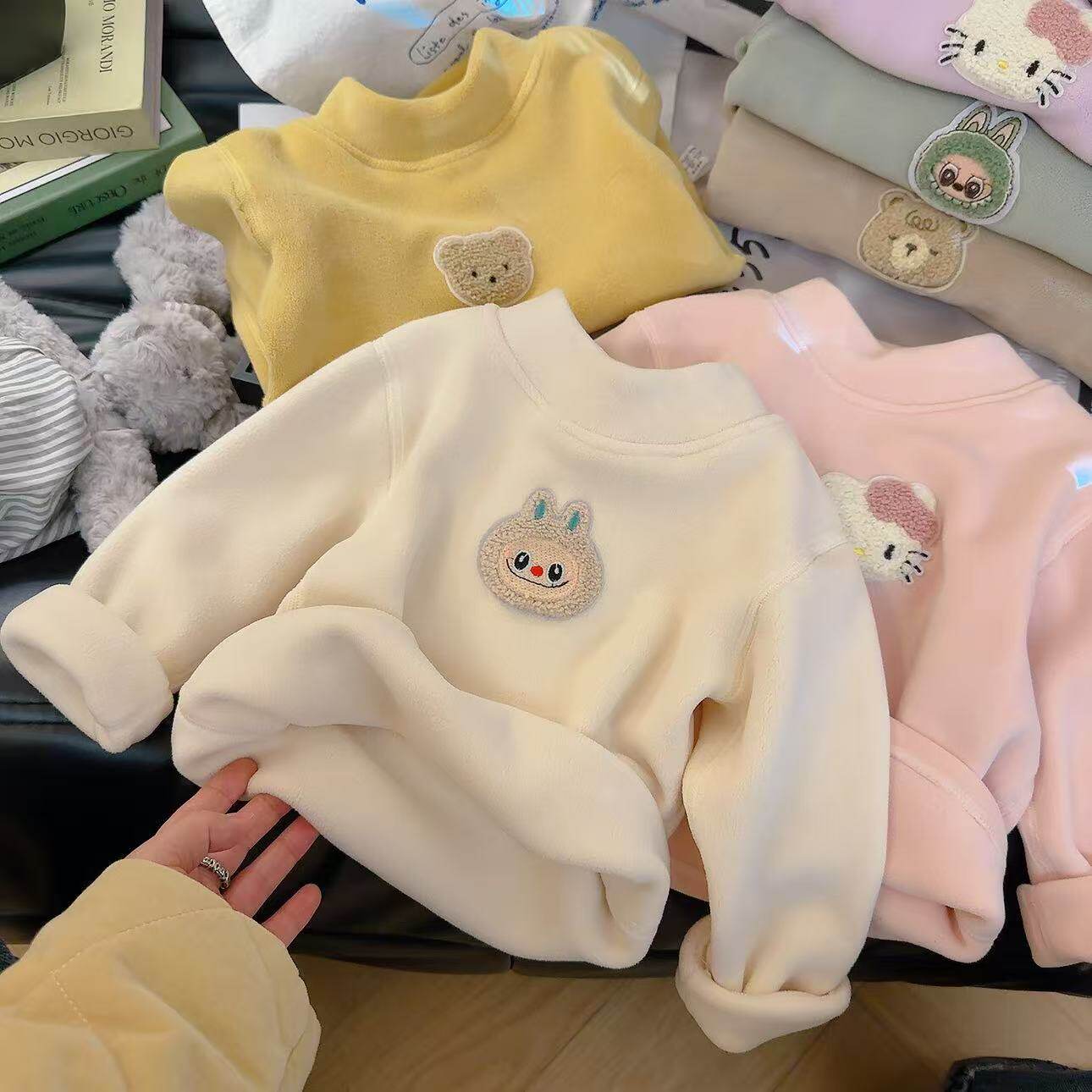 秋冬新款儿童加绒加厚奥粒绒长袖打底衫男女童半高领百搭卫衣