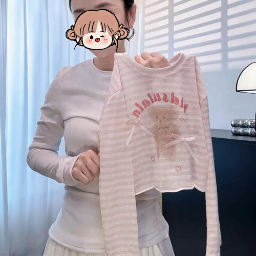 女童2026夏季新款条纹T恤小熊蝴蝶结条纹防晒罩衫薄款打底上衣