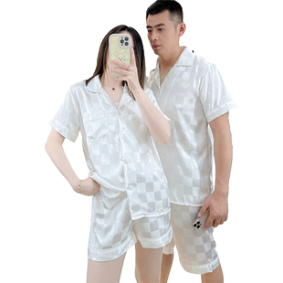 情侣睡衣女夏季薄款韩版冰丝气质短袖短裤套装可外穿休闲家居服男