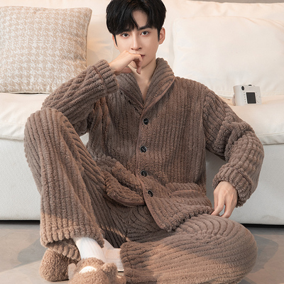 冬季新款男士珊瑚绒睡衣秋冬天大码加绒加厚保暖休闲冬款家居服