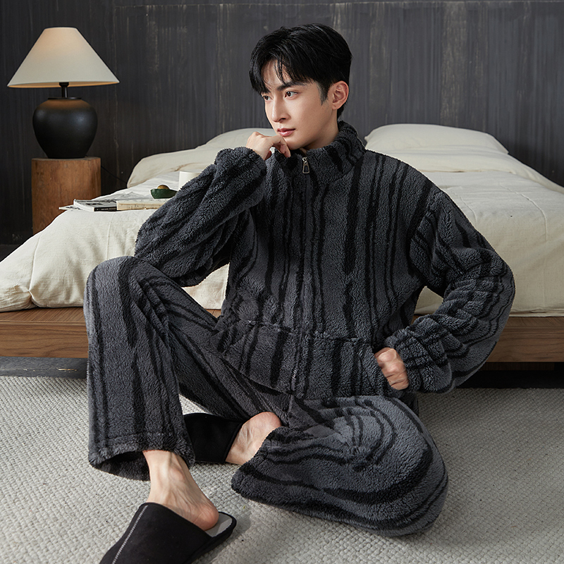 2025秋冬新款男士拉链深灰睡衣珊瑚绒法兰绒加厚家居服套装睡衣男