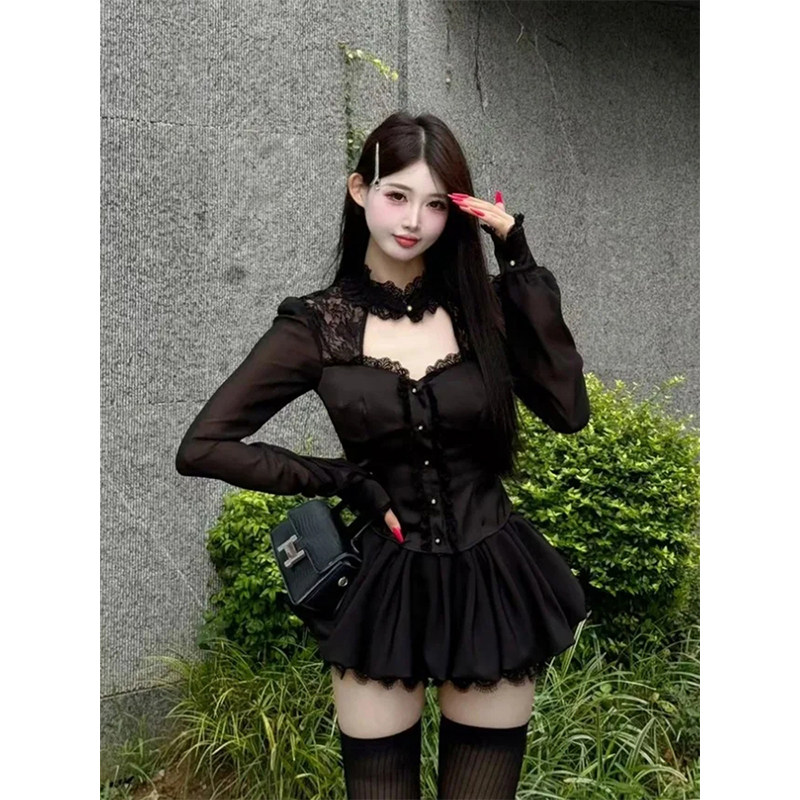 纯欲风性感辣妹显瘦套装裙女早秋2025新款蕾丝镂空长袖上衣+短裙