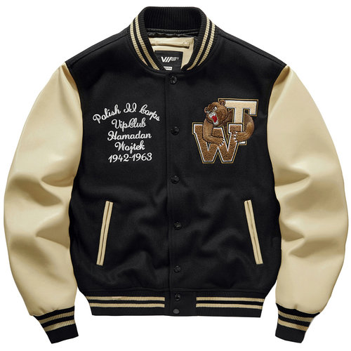 美式复古毛呢拼接刺绣棒球服