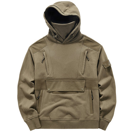 VIP美式复古重磅卫衣男机能面罩拼接多口袋连帽衫小众设计感上衣