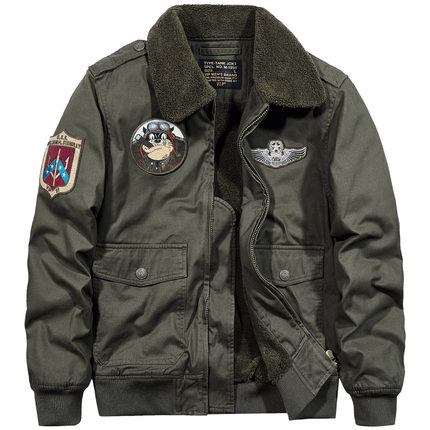 VIP冬季飞行员夹克男翻领工装仿羊羔绒外套加绒加厚棉衣保暖棉袄