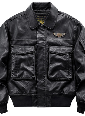 VIP翻领皮衣男大码飞行员皮夹克美式复古工装外套潮流帅气机车服