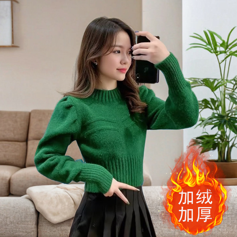 加绒加厚小个子短款毛衣女圆领