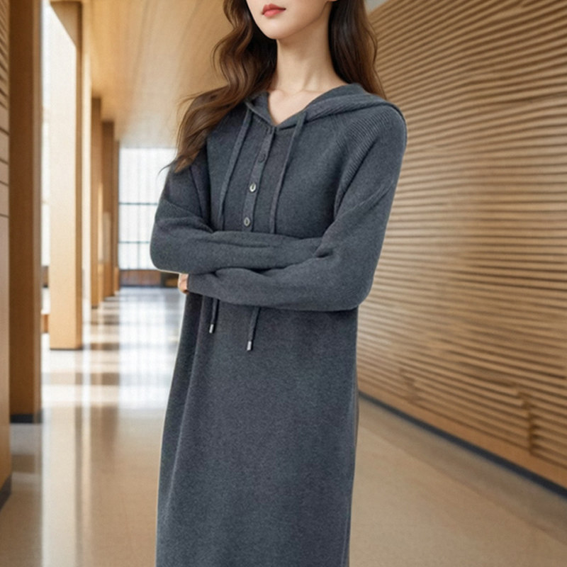 连帽羊毛衫卫衣毛衣裙女长款宽松