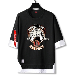 李小龙布鲁斯李纪念截拳道武术功夫短袖t恤衫男士五分袖宽松衣服