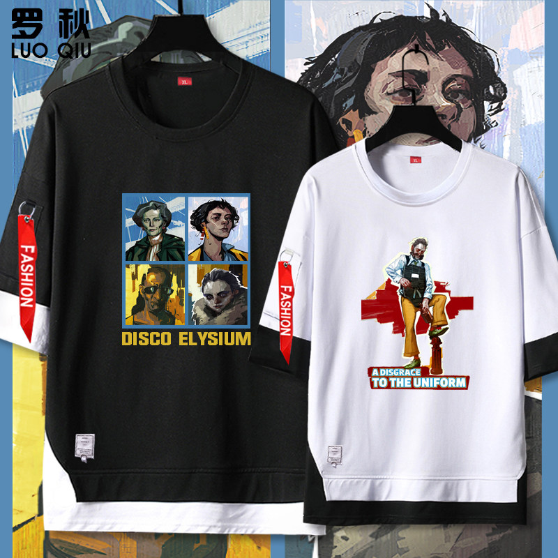 极乐迪斯科rpg游戏周边复古假两件短袖t恤衫男士五分袖衣服中袖夏