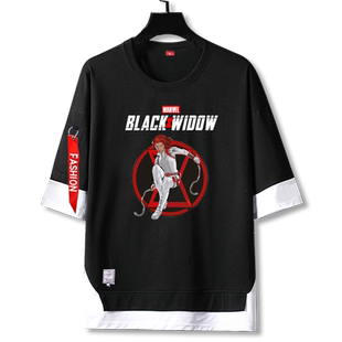 漫威黑寡妇联名marvel电影周边假两件短袖t恤衫男女五分袖上衣服
