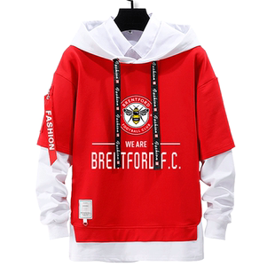 布伦特福德队服蜜蜂红白军足球迷假两件连帽卫衣男女学生外套帽衫