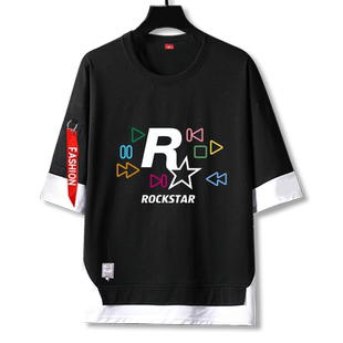 可定制R星5游戏公司Rockstar Games周边假两件5五分袖男女短袖t恤