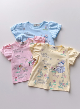 日系童装80-140女童纯棉短袖T恤上衣贴布刺绣卡通兔子KP同款