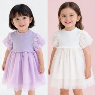新品夏季女宝宝短袖连衣裙80-100婴童网纱泡泡袖可爱甜美洋装
