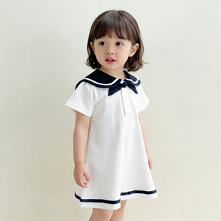 26新款80-100女宝宝夏季短袖连衣裙海军领POLO裙子ins风婴童纯棉