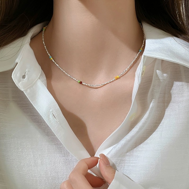 韩国足银999 纯银碎银项链轻奢女新爆款多巴胺颈链高级锁骨链