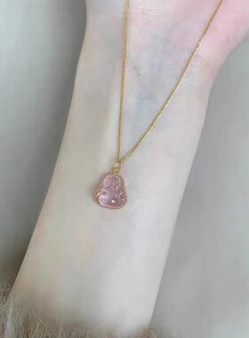 2026新款粉石佛公项链女生小众设计吊坠弥勒佛大肚佛吊坠