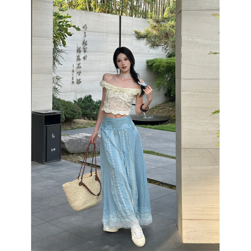 实拍度假碎花花边一字肩上衣+长款刺绣半身裙法式度假风小个子