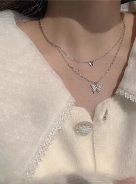 双层蝴蝶项链~闪钻2021春夏新款潮颈链女ins韩国百搭冷淡风锁骨链