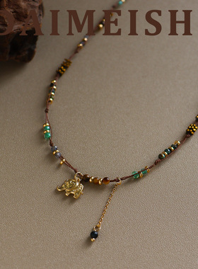 新款复古流苏虎眼石小象项链配饰女轻奢小众感编织串珠锁骨链