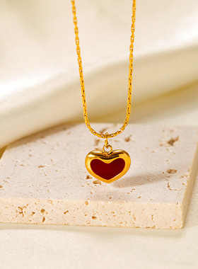 INS风18k金不锈钢镀金钛钢爱心形红玛瑙虎眼石猫眼石锁骨吊坠项链