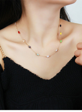 欧美简约彩色钛钢项链不掉色女生百搭感水晶锁骨链配饰新品