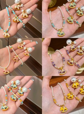 原创彩色多巴胺滴油木马串珠珍珠项链配饰女轻奢小众感锁骨链