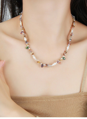 新款彩色淡水珍珠串珠项链女轻奢感小香风水晶锁骨链欧美饰品