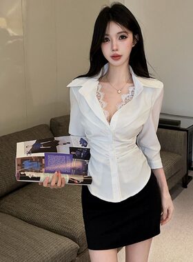 都市白领OL风职业装制服蕾丝边翻领长袖白衬衫短裙套装前台工作服