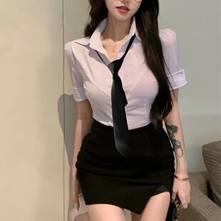 性感纯欲风辣妹修身短袖白衬衫空姐制服职业装OL风衬衣包臀裙套装