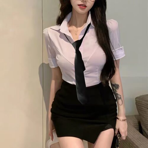 性感纯欲风辣妹修身短袖白衬衫空姐制服职业装OL风衬衣包臀裙套装