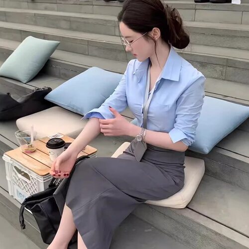 性感办公室秘书职业装OL风修身长袖蓝衬衫女春夏白领通勤穿搭衬衣