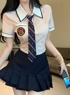 甜美校园风日系校服jk制服粉色短袖衬衫短裙韩剧少女穿搭两件套装