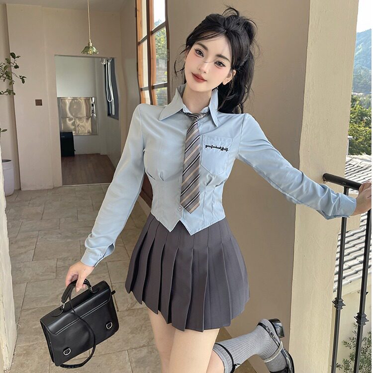 纯欲jk制服女收腰短款领带蓝衬衫短裙套装美容院spa足道技师工服