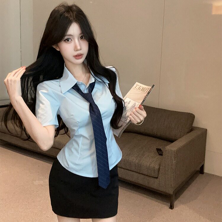 养生足道足疗会所工作制服女收腰显瘦短袖蓝衬衫包裙技师工衣套装