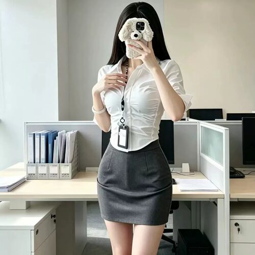 性感职业装办公室秘书OL风短款白衬衫包裙套装女酒店足道技师工服