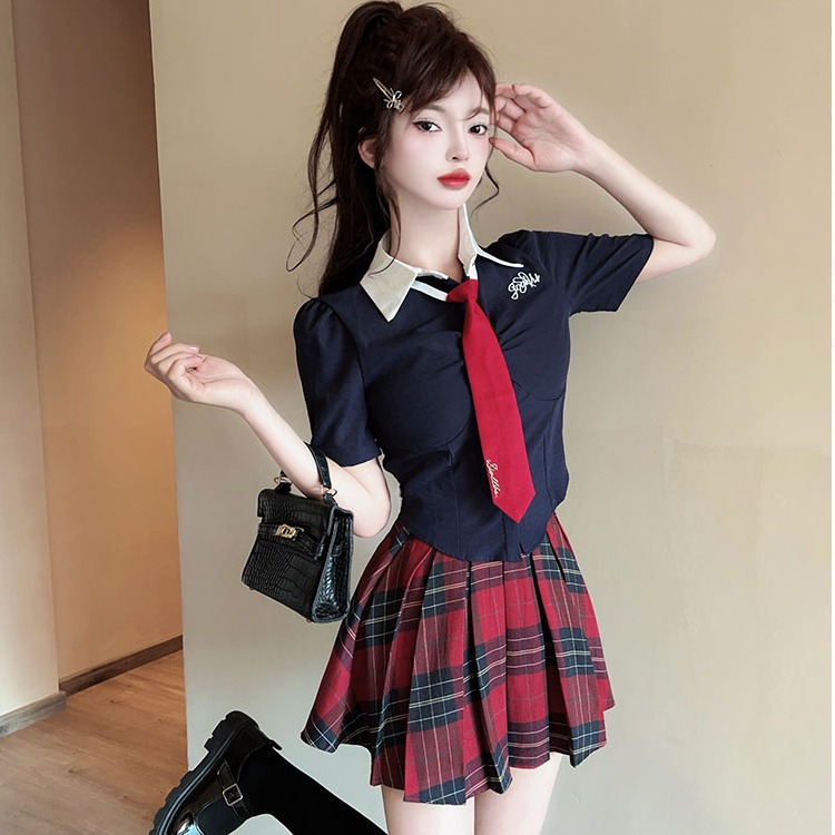 学院风辣妹纯欲jk制服收腰蓝衬衫格子短裙两件套洗浴足道技师工衣