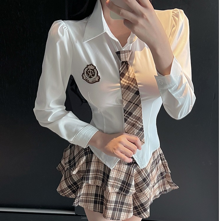 美容院养生会所沐足JK制服收腰长袖衬衫女格子短裙足道技师工作服