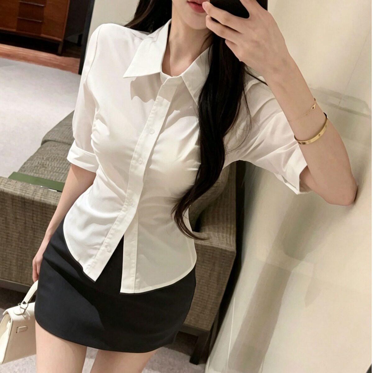高尔夫酒店沐足职业制服套装女修身中袖白衬衣短裙足浴技师工作服