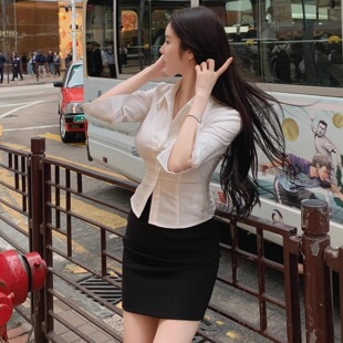 酒店前台职业装女修身白衬衫美容足道足浴技师制服衬衣包臀裙套装