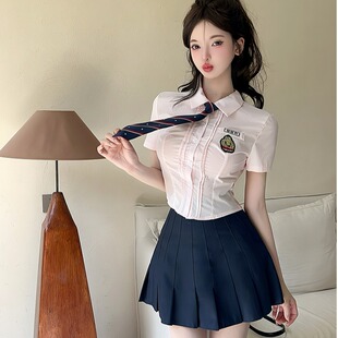 蓝色短裙套装 美容院养生足道技师工作jk制服女配领带粉色短袖 衬衫