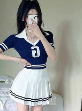 足球宝贝学院风jk制服酒吧KTV翻领短袖上衣百褶裙两件套技师工服