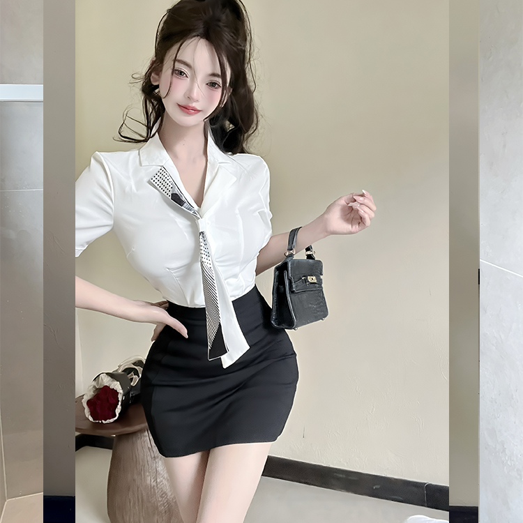 酒店会所职业套装女飘带短袖衬衫上衣包臀裙足浴足道技师工作制服