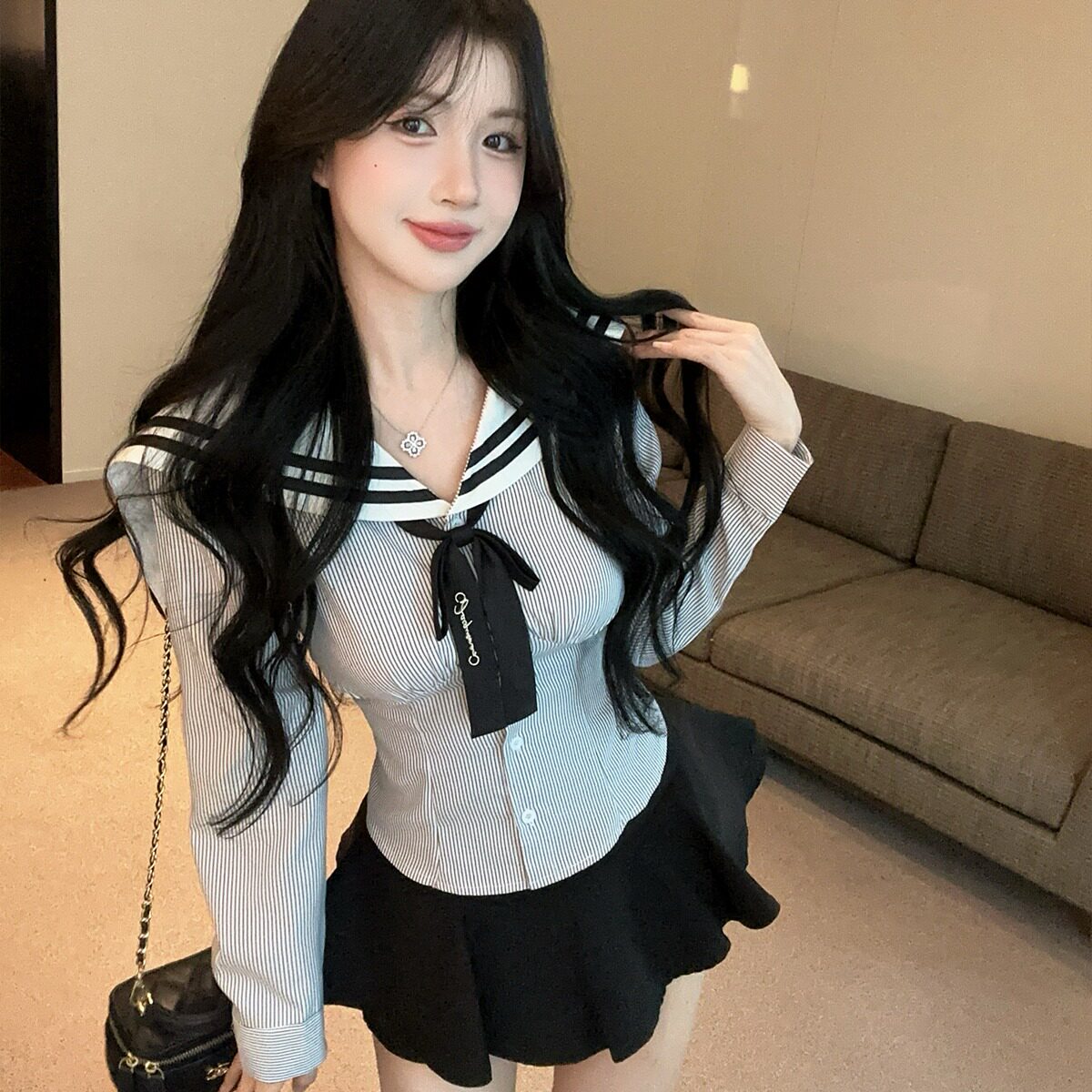 日系甜美学院风jk制服女海军领条纹长袖衬衫蓬蓬短裤裙两件套秋季