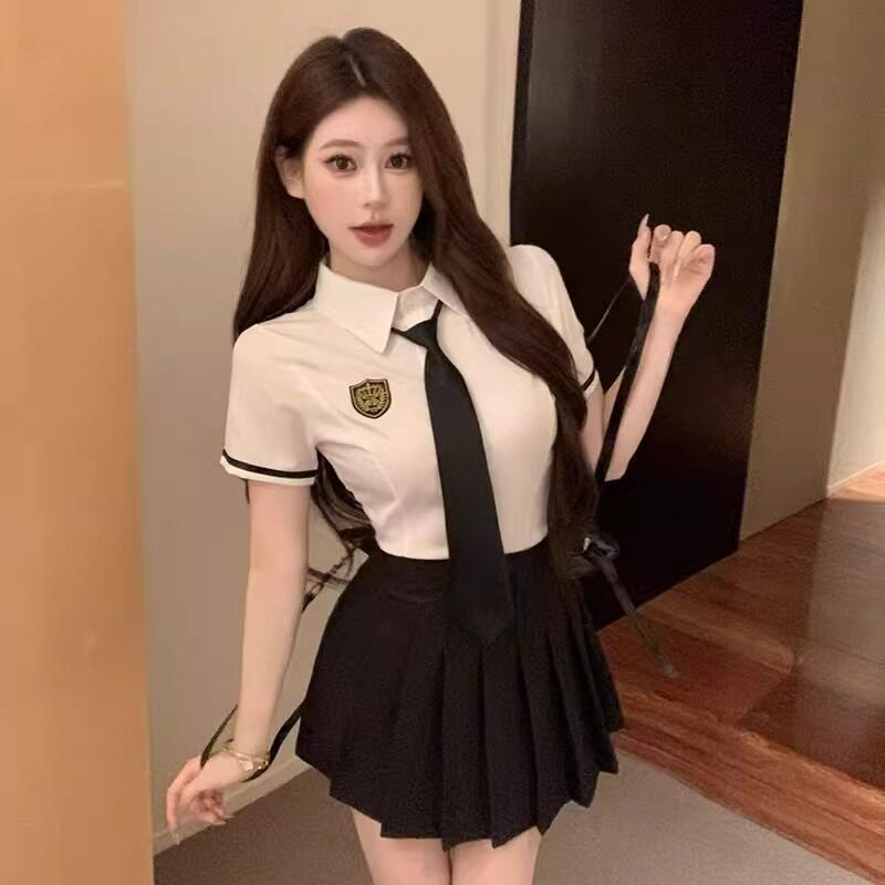 足浴spa会所修身制服女jk学院风短袖衬衫短裙套装足道技师工作服