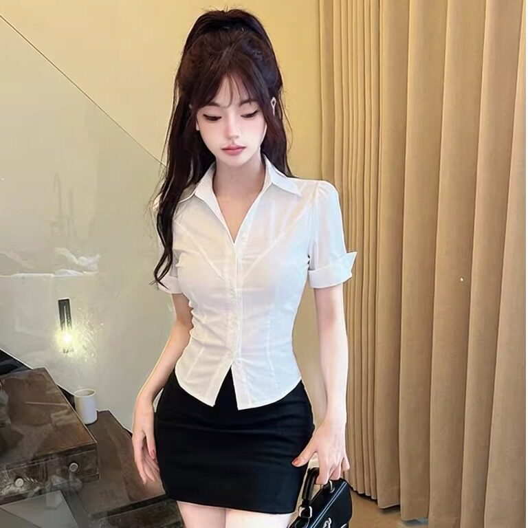 酒店前台足浴会所性感修身显瘦短袖白衬衫包臀裙套装足道技师工服