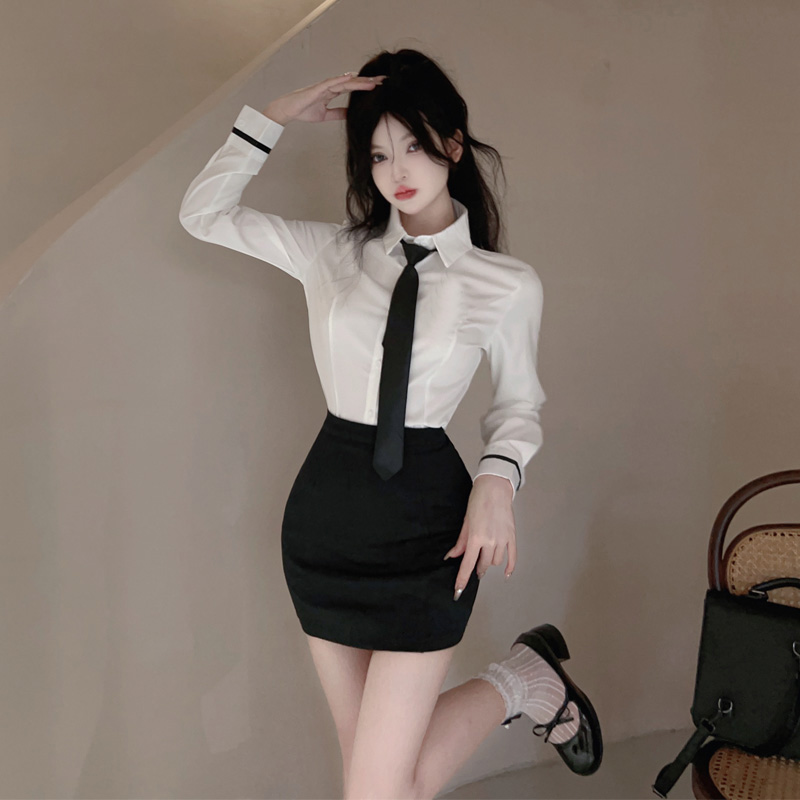 酒店前台美院沐足女职业装修身长袖白衬衫包臀套装足道技师工作服
