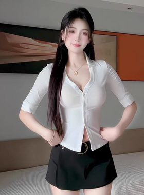 养生足道洗浴酒店前台职业装女性感白色V领短袖衬衫收腰显瘦衬衣