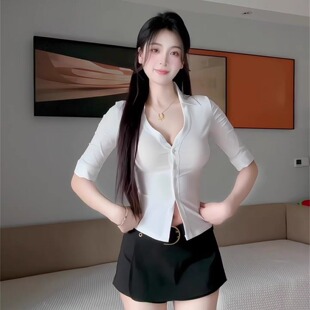 养生足道洗浴酒店前台职业装女性感白色V领短袖衬衫收腰显瘦衬衣